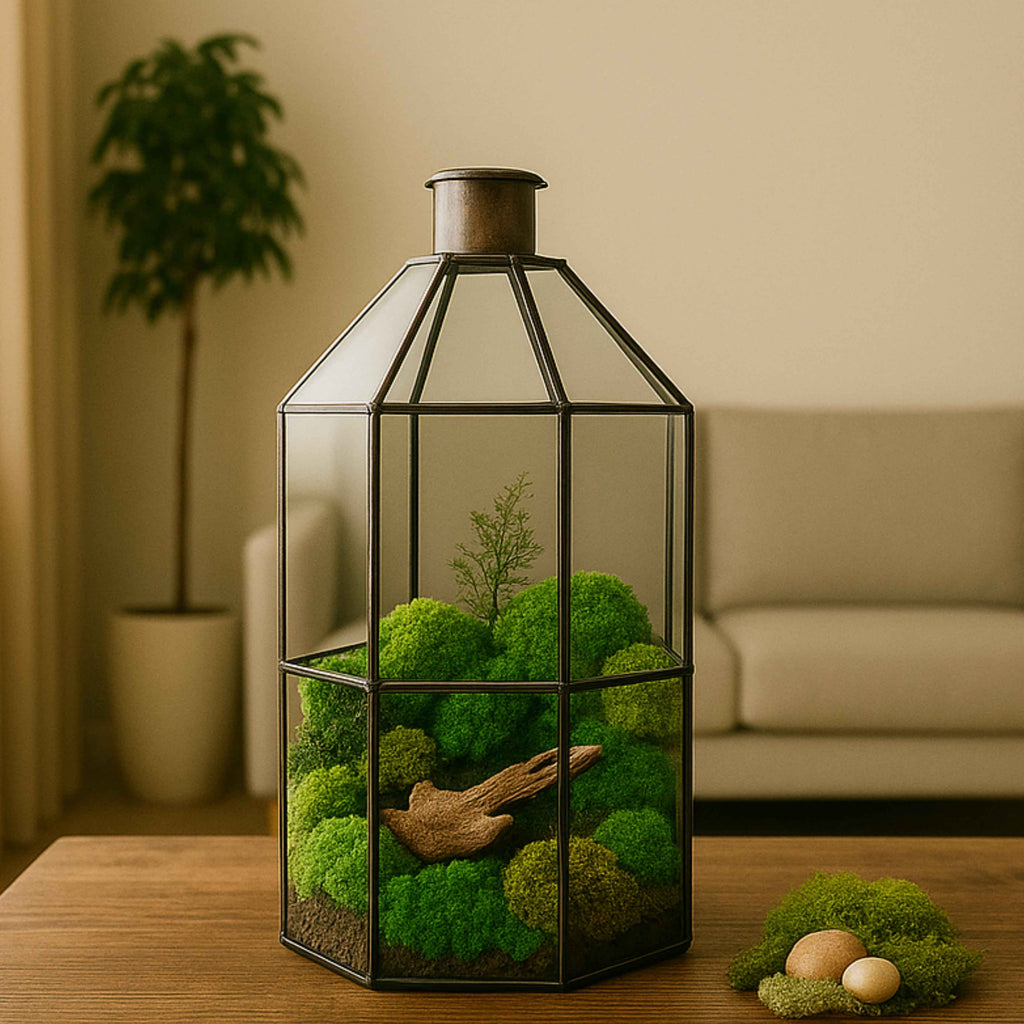 Terrarium Lanterna Verde geometrico con muschio stabilizzato