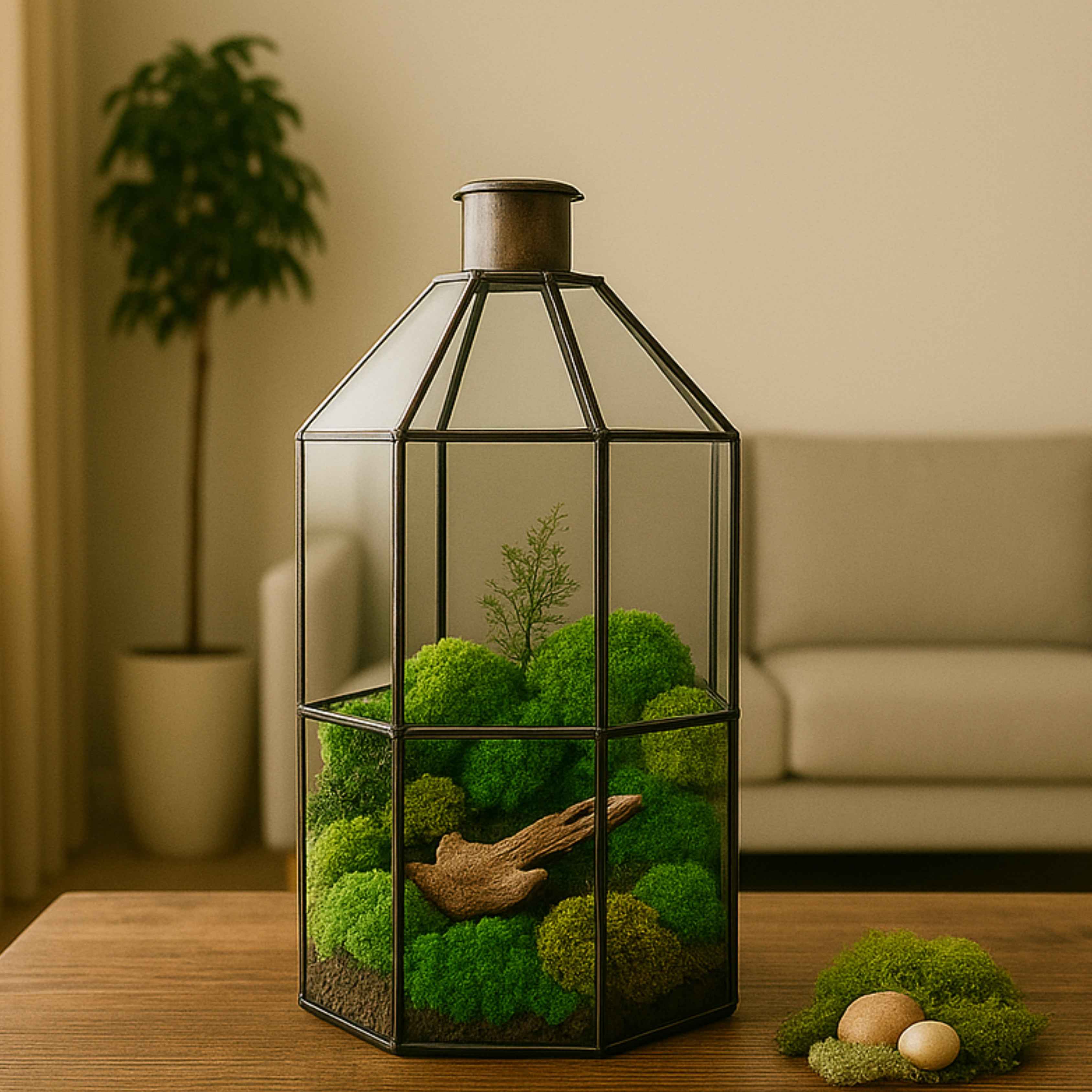 Terrarium Lanterna Verde geometrico con muschio stabilizzato